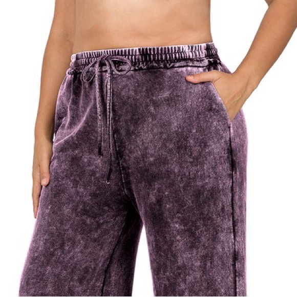 Plus Blackberry Terry Mineral Washed Drawstring Waist Raw Hem Pants - Picture 3 of 4